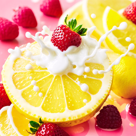 Milk splash with lemon and strawberry on pink background. AI-generated, Generative AI.の素材