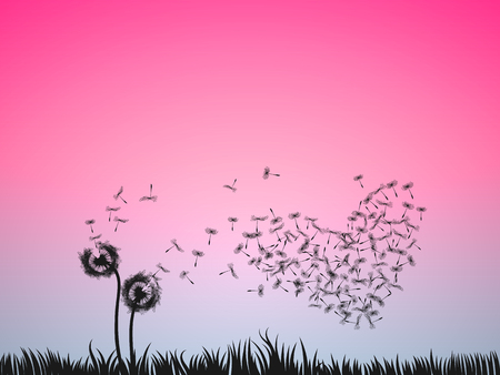 Love illustration concept, two dandelion flowers blow in the pink sky. Valentine background for banner, poster, greeting card, or print.のイラスト素材
