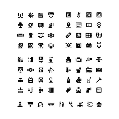 House system icons. Set icons of ventilation, electricity, heating, sewerage, plumbing isolated on white House system icons. Set icons of ventilation, electricity, heating, sewerage, plumbing isolated on white