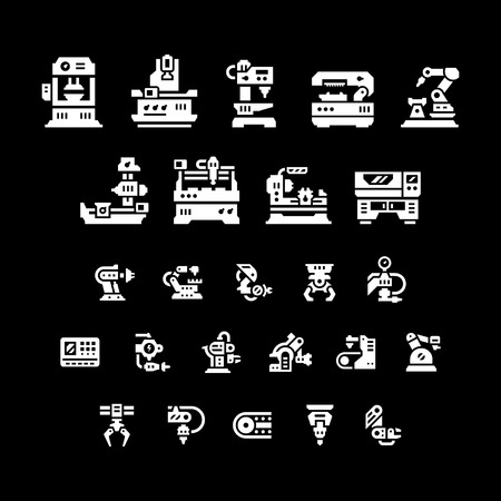Set icons of machine tool, robotic industry isolated on black. Vector illustrationのイラスト素材