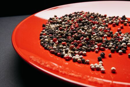 red plate with a mixture pepper on a dark background