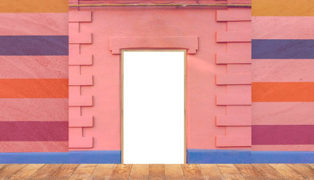 White door with colorful wall and wood floor, can be used as background