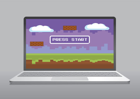 laptop computer with old school video game and. press start button. Vector illustrationのイラスト素材
