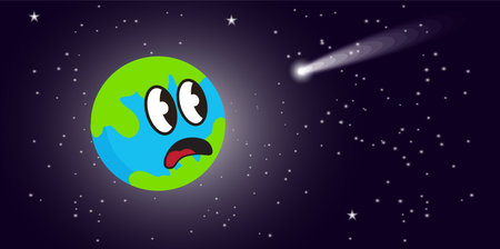 cartoon planet earth mascot looking scared at the approaching comet. Vector illustrationのイラスト素材