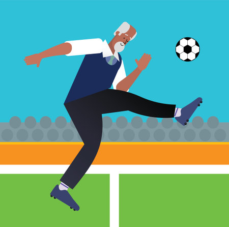 flat characters of amateur mature men playing football or soccer outside, vector illustrationのイラスト素材
