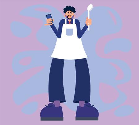 Vector illustration of a trendy flat male character in arpon holding smartphone and spoon in his hand. Confused man using a cooking application. Online cooking conceptのイラスト素材