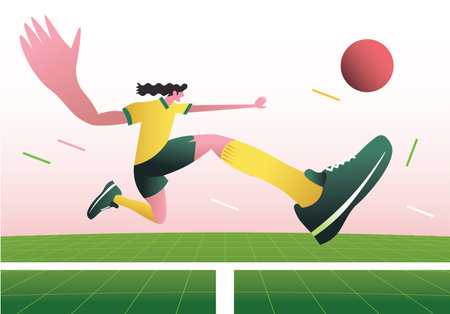 distorted wide angle view of a football player character in motion kicking a ball, trendy flat style vector illustration.  World cup concept. Landing page main block layout.のイラスト素材
