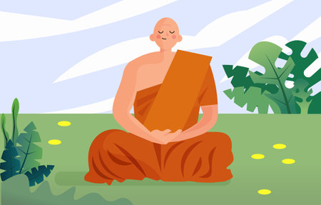 cartoon buddhist monk sitting meditating in a lotus position on a green meadow, vector illustrationのイラスト素材