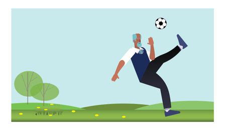 flat characters of amateur mature men playing football or soccer outside, vector illustrationのイラスト素材