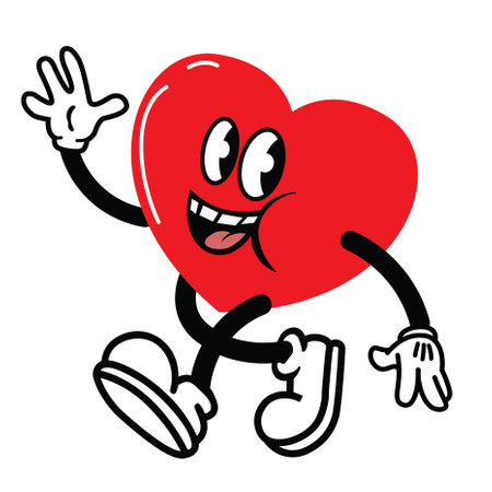 1930's style vintage cartoon red heart mascot walking and waving his handのイラスト素材