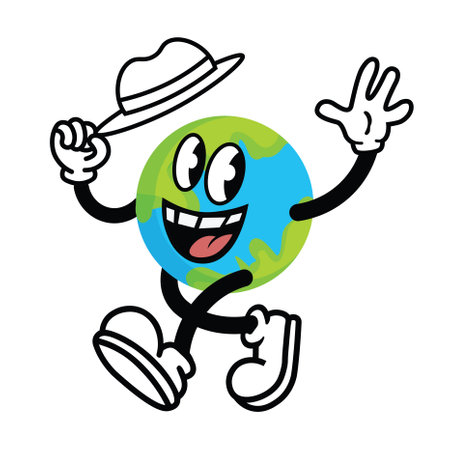 Vintage cartoon planet earth mascot, globe flat character running with flowers, eco marathon concept, vector illustrationのイラスト素材