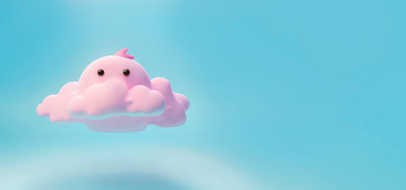 Pink cloud with pink unicorn on blue background. 3D rendering.の素材