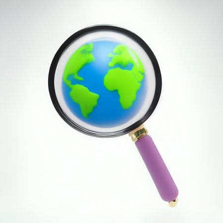 Magnifying glass with globe on white background. 3D rendering.の素材