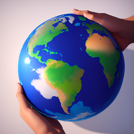 Hands holding earth globe on a white background. 3d renderingの素材