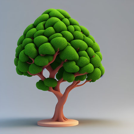 Green tree on a gray background. 3d rendering. Computer digital drawing.の素材