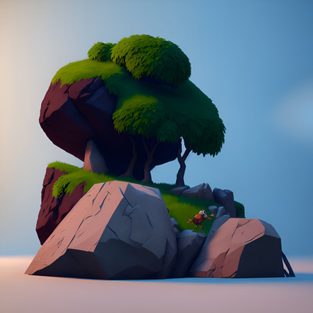 Tree on rock. 3d render illustration. Computer digital drawing.の素材