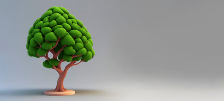 3D rendering of a green cartoon tree isolated on a gray background.の素材