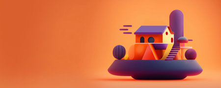 3d render of a toy house on an orange background. 3d illustrationの素材