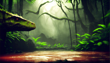 Dinosaur in the rainforest. 3D rendering. Fantasy forest.の素材
