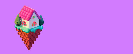 Ice cream in the form of a house on a purple background. Place for text.の素材