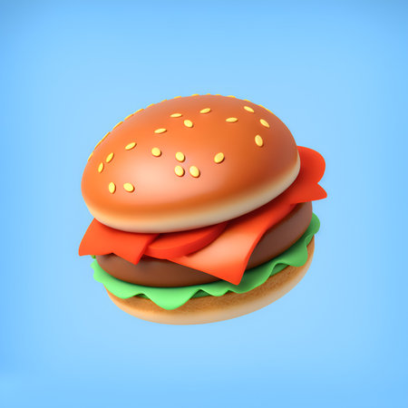 Hamburger with red ribbon on blue background. 3d renderingの素材