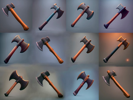 Set of different axes on a gray background. 3d illustration.の素材