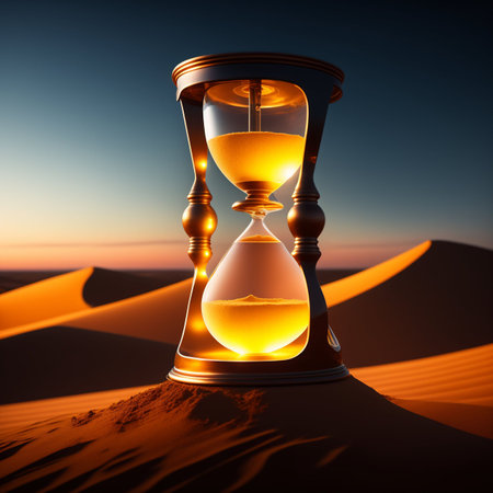 Sandglass in the desert. Time concept. 3D rendering.の素材