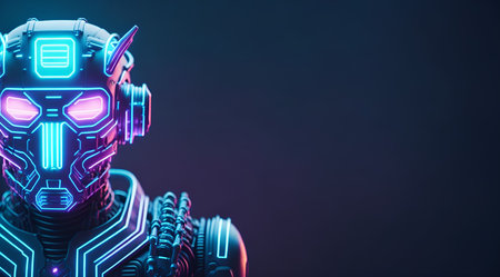 3d rendering of futuristic robot cyborg with neon lights on dark backgroundの素材