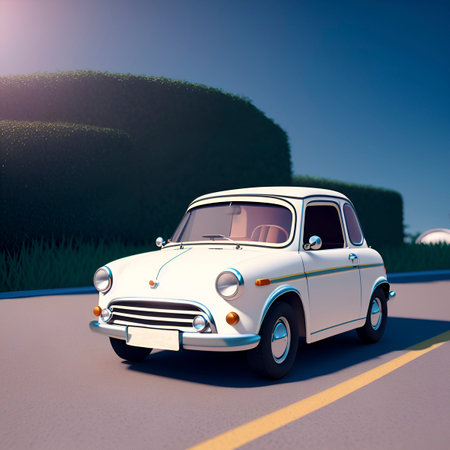 Retro car on the road. 3D render. Vintage car.の素材