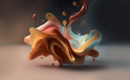 3d illustration of colorful paint splashes isolated on black background.の素材