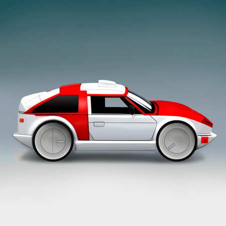 White and red sport car on orange background. 1980s sci fi style, 3d  illustration.の素材
