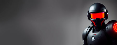 Cyborg with red light on grey background. 3D rendering.の素材