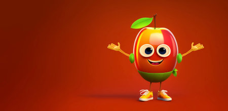 Fruit character mango on a red background. 3d rendering. Copy spaceの素材