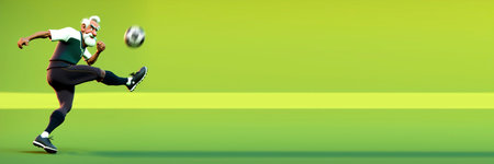 Illustration of a 3d cartoon style character of an old man kicking a soccer ball against the green background of a football fieldの素材