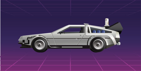 1980's style car from the future, cyberpunk neon perspective grid background, side view. Vector illustrationのイラスト素材