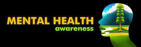 Mental health awarness illustration, black banner with a head profile filled with a colorful painting of nature landscapeの写真素材