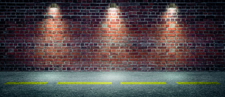 Empty room with spotlights and brick wall background. 3D Renderingの写真素材