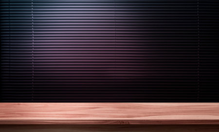Wooden table top with blinds on a dark background. For product display