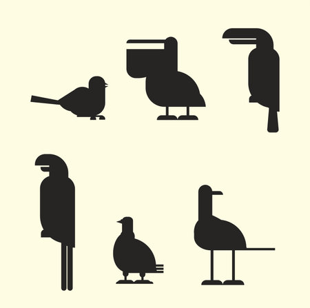 wild birds, silhouettes set, isolated on white, vector illustrationのイラスト素材