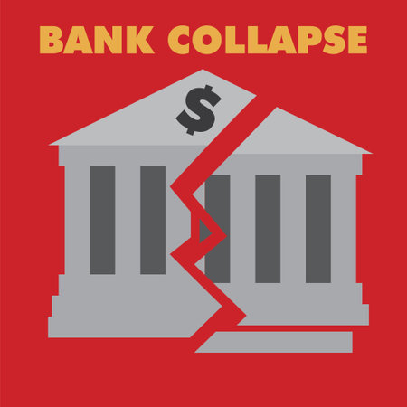 Bank collapse illustration, building with a crackle, red backgroundのイラスト素材