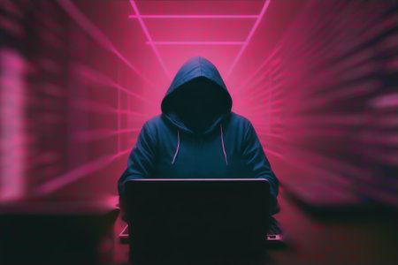 Hooded hacker using a laptop computer in a dark room with pink neon lightsの素材