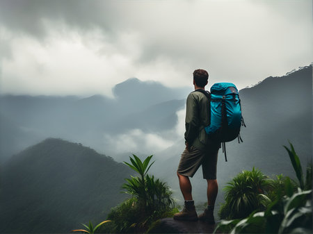 Hiking man with backpack on the top of the mountain with foggy background, back viewの素材