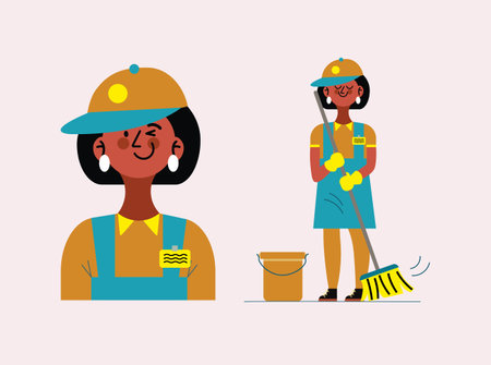 Vector illustration of a cleaning lady with a broom and a bucket. Flat character designのイラスト素材