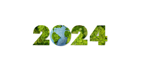 2021 Happy New Year background with green grass and earth globe.