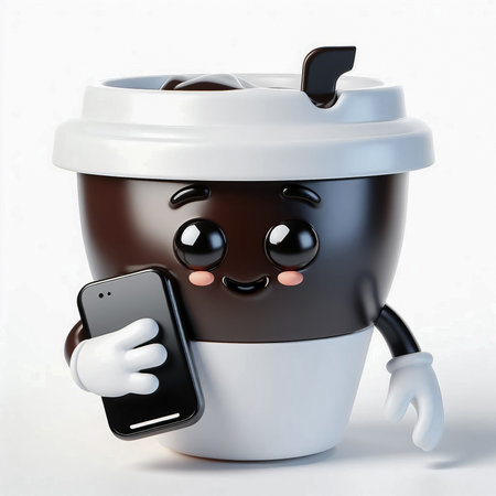 Coffee mug character using a smartphone on white background. 3d illustrationの素材