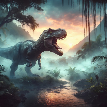 Dinosaur in the jungle. Fantasy landscape. 3D rendering.の素材