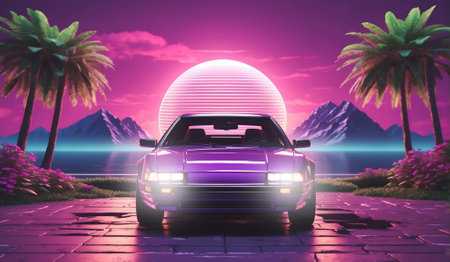 Purple car on the road with palm trees. 3d renderingの素材
