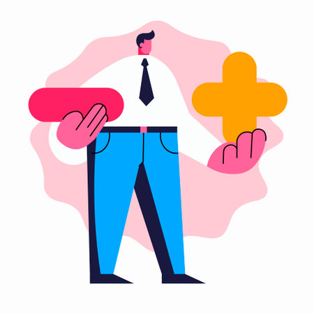 man hold plus and minus symbols. Pros and cons advantage comparison. Colorful vector illustrationのイラスト素材
