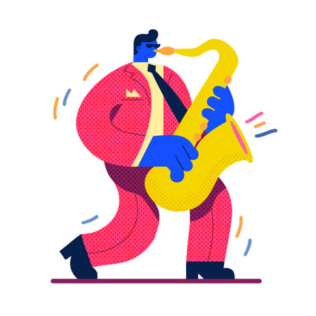 Jazz musician playing the saxophone. Vector illustration in flat styleのイラスト素材