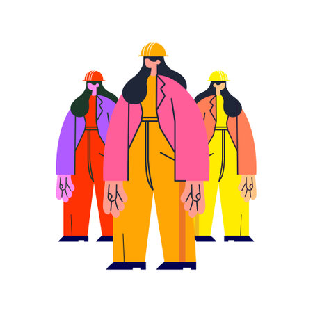 Vector illustration of a group of workers in different clothes and hardhats.のイラスト素材